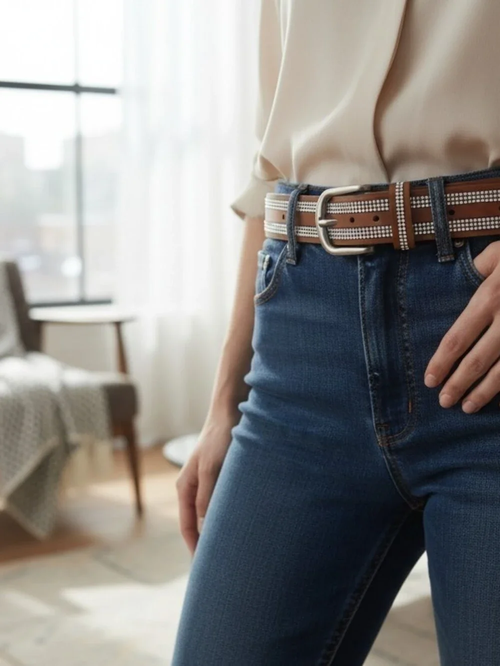 Womens Size XL Brown Leather Belt Parallel Rows Rhinestones Silver-toned Buckle.